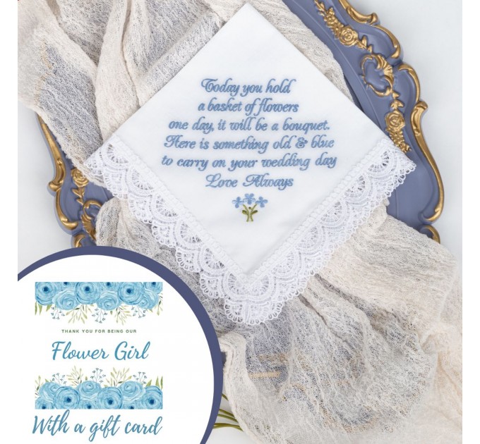 Flower girl gift from bride, Junior bridesmaid handkerchief, Something old and blue