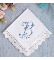 Something Blue Handkerchief with initial B, Monogrammed Wedding Bridal Hankerchief, Embroidered White Cotton Hanky