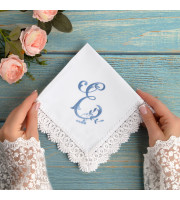 Embroidered Initial E Handkerchief, Personalized Cotton Hanky with Lace Trim, Monogram Wedding Gift for Her, Custom Keepsake