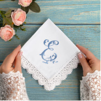 Embroidered Initial E Handkerchief, Personalized Cotton Hanky with Lace Trim, Monogram Wedding Gift for Her, Custom Keepsake