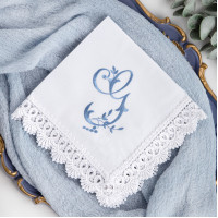 Monogrammed Wedding Handkerchief, Personalized Embroidered Initial G Hanky, Cotton Lace Handkerchief, Bride Accessories