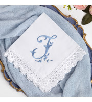 Embroidered Monogram Cotton Handkerchief, Personalized Initial J Hanky with Lace, Wedding Gift for Bride, Bridal Keepsake