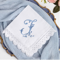 Embroidered Monogram Cotton Handkerchief, Personalized Initial J Hanky with Lace, Wedding Gift for Bride, Bridal Keepsake