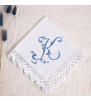 Custom Initial K Wedding Handkerchief, Monogrammed Cotton Hanky with Lace Trim, Personalized Gift for Bride or Mom