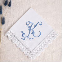 Custom Initial K Wedding Handkerchief, Monogrammed Cotton Hanky with Lace Trim, Personalized Gift for Bride or Mom