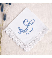 Personalized Embroidered Letter Handkerchief, Cotton Hanky with Lace Edge, Monogram L Wedding Keepsake Gift for Her