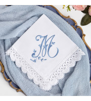 Elegant Monogram Handkerchief, Embroidered Cotton Pocket Handkerchief with Lace, Personalized Wedding Gift, Custom Initial M