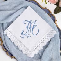 Elegant Monogram Handkerchief, Embroidered Cotton Pocket Handkerchief with Lace, Personalized Wedding Gift, Custom Initial M