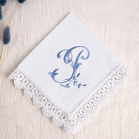 Custom Embroidered Initial P Handkerchief, Monogram Cotton Wedding Hanky with Lace Border, Personalized Bridal Keepsake