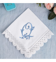 Monogram Cotton Wedding Hanky with Lace, Personalized Bridal Keepsake, Flower Girl Handkerchief Initial Q Monogrammed