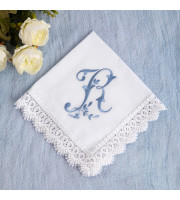 Embroidered Initial R Handkerchief, Cotton Wedding Hanky, Custom Keepsake, Something Blue Bride Gift, Monogrammed Wedding Bridal Hankerchief, Embroidered Cotton Hankie