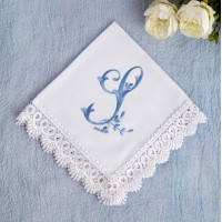 Wedding Ceremony Something Blue Monogrammed Bridal Hankerchief, Embroidered Cotton Bride Hanky with Initial S