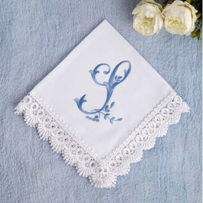 Wedding Ceremony Something Blue Monogrammed Bridal Hankerchief, Embroidered Cotton Bride Hanky with Initial S Wedding Ceremony Something Blue Monogrammed Bridal Hankerchief, Embroidered Cotton Bride Hanky with Initial S