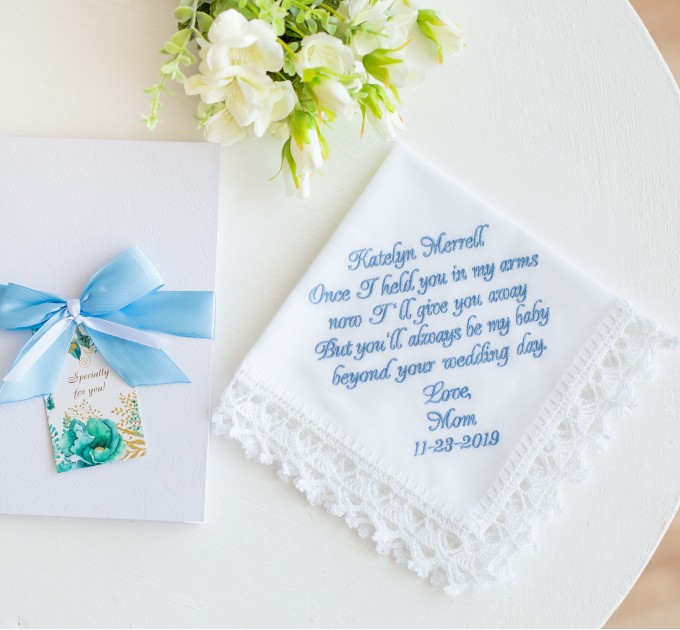 Something Blue for Bride from Mom Something New daughter wedding Bridal handkerchief Sentimental rustic wedding heirloom for daughter mother