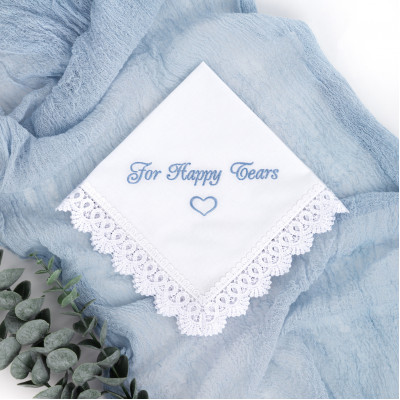 Happy Tears wedding handkerchief Embroidered Bridal Hankerchief to Bride Wedding Favour For your happy tears keepsake Something blue