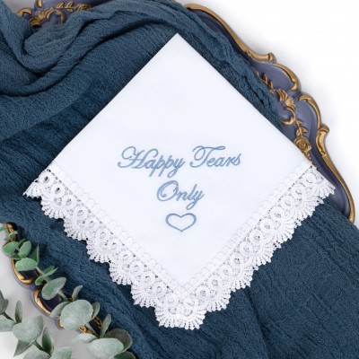 Happy Tears wedding handkerchief, Embroidered Bridal Hankerchief to Bride, Wedding Favour "Happy Tears Only" 