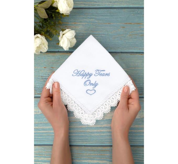 Happy Tears wedding handkerchief, Embroidered Bridal Hankerchief to Bride, Wedding Favour "Happy Tears Only" 