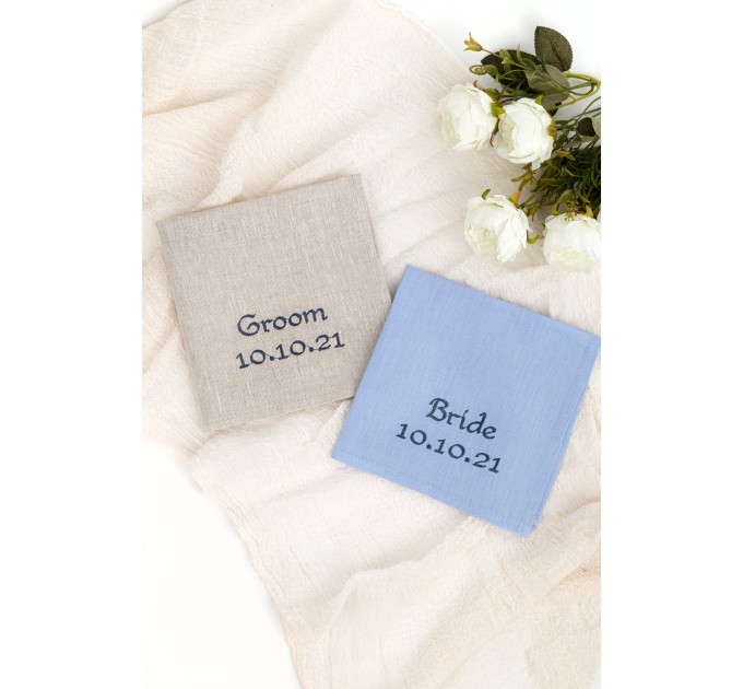 Wedding Save the Date handkerchief, Something Blue for Bride, Groom hankie, Wedding date hankerchief, Embroidered wedding handkerchief linen