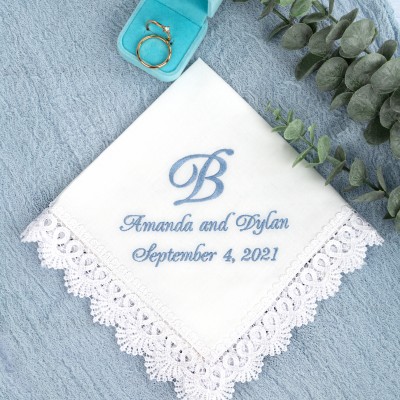 Something Blue Gift for Bride, Wedding Handkerchief, Monogrammed Cotton Hankerchief, Bridal gift, Embroidered Initials Hanky Gift for Couple