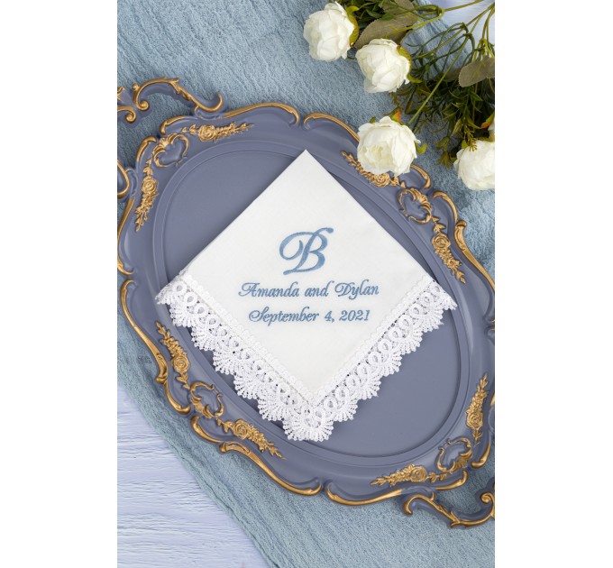 Something Blue Gift for Bride, Wedding Handkerchief, Monogrammed Cotton Hankerchief, Bridal gift, Embroidered Initials Hanky Gift for Couple