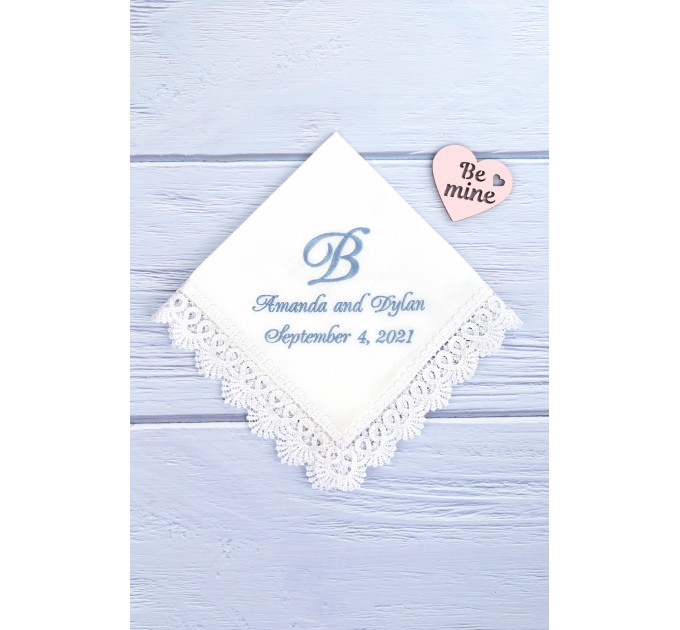 Something Blue Gift for Bride, Wedding Handkerchief, Monogrammed Cotton Hankerchief, Bridal gift, Embroidered Initials Hanky Gift for Couple