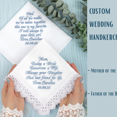 Wedding handkerchief for Mom and Dad from Bride, Mother of the Bride gift, Father of the Bride hankerchief from faughter, lace hankies, Ladies hanky