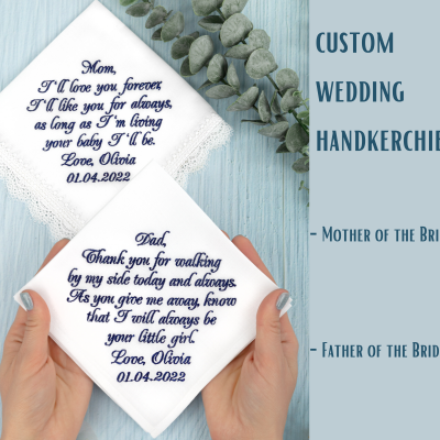 Parents wedding hankerchief, Personalized embroidered handkerchiefs, Custom hankerchief, Mom and Dad hankerchief set, Wedding mother of the bride and father of the bride handkerchiefs from daughter