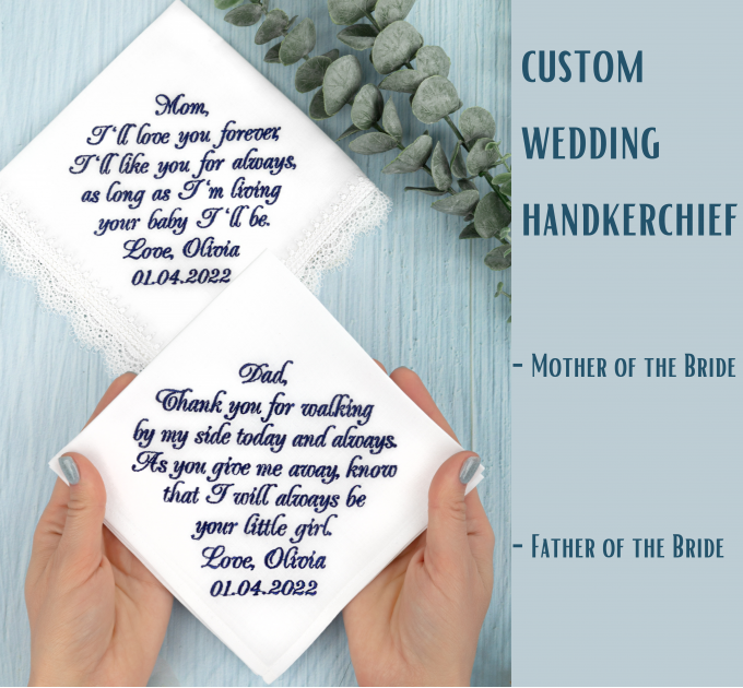 Parents wedding hankerchief, Personalized embroidered handkerchiefs, Custom hankerchief, Mom and Dad hankerchief set, Wedding mother of the bride and father of the bride handkerchiefs from daughter