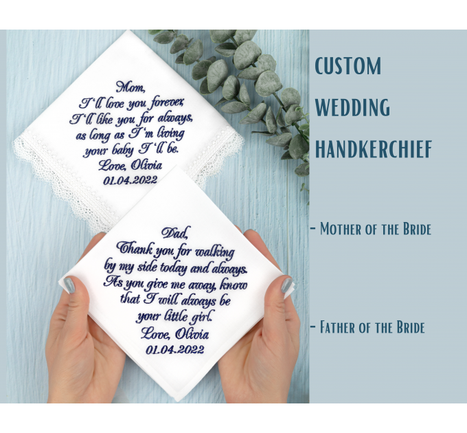 Parents wedding hankerchief, Personalized embroidered handkerchiefs, Custom hankerchief, Mom and Dad hankerchief set, Wedding mother of the bride and father of the bride handkerchiefs from daughter