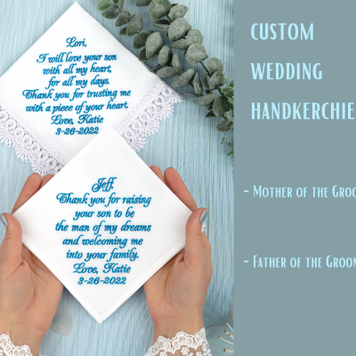 Wedding handkerchief set for Mother of the Groom and Father of the Groom, Custom embroidered hankerchief, Father in law, Mother in Law hankies