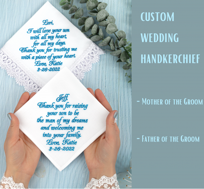 Wedding handkerchief set for Mother of the Groom and Father of the Groom, Custom embroidered hankerchief, Father in law, Mother in Law hankies