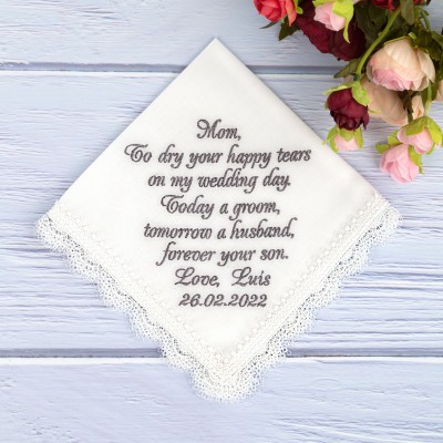 Mother of the Groom gift - Gift from Groom to Mom - Mommy gifts ideas - Mother wedding handkerchief - Gift ideas for Mom - Mom son gift