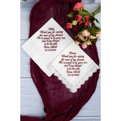 Wedding handkerchief set for Mother of the Groom and Father of the Groom, Custom embroidered hankerchief, Father in law, Mother in Law hankies