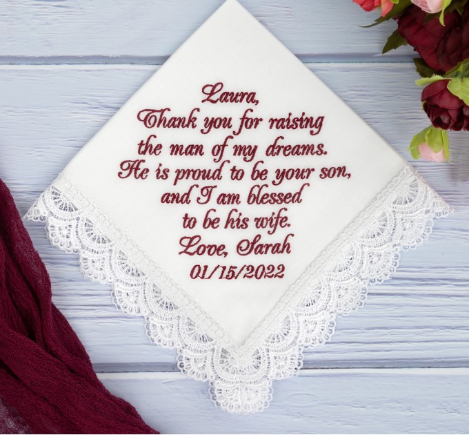 Mother of the Groom Handkerchief from Son - Personalized Wedding Gift, Sentimental Hankie for Mom, Wedding Keepsake