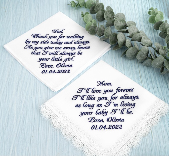 Mother of the Bride wedding handkerchief from daughter embroidered custom message to Mom from Bride - I'll love you forever