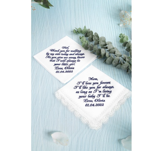 Parents wedding hankerchief, Personalized embroidered handkerchiefs, Custom hankerchief, Mom and Dad hankerchief set, Wedding mother of the bride and father of the bride handkerchiefs from daughter