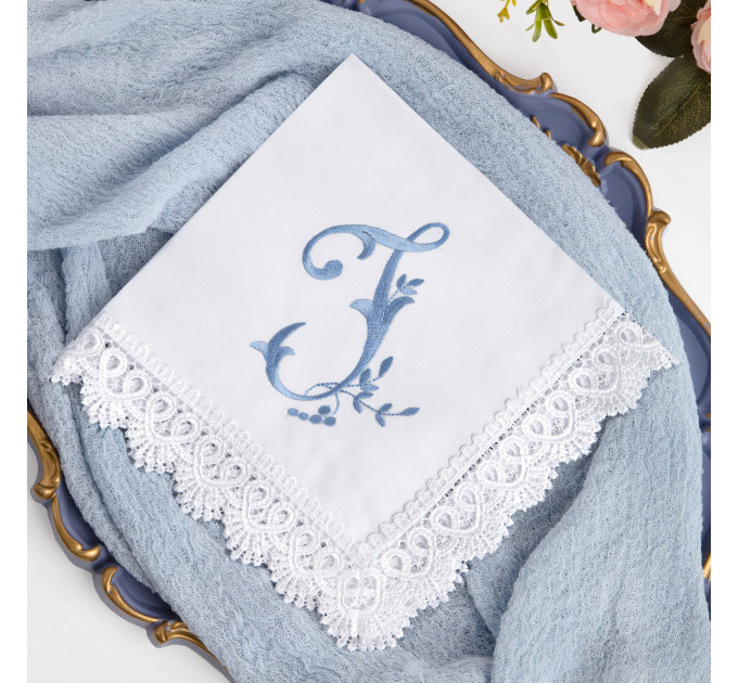 Bridal Monogrammed Handkerchief Something blue hankie with initial F