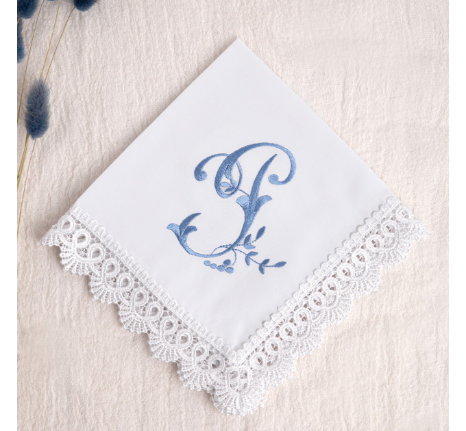 Bridal Monogrammed Handkerchief Something blue hankie with initial F