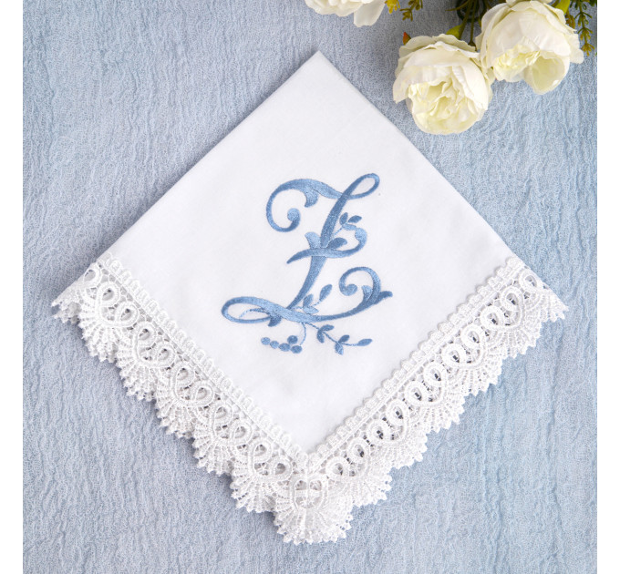 Bridal Monogrammed Handkerchief Something blue hankie with initial F